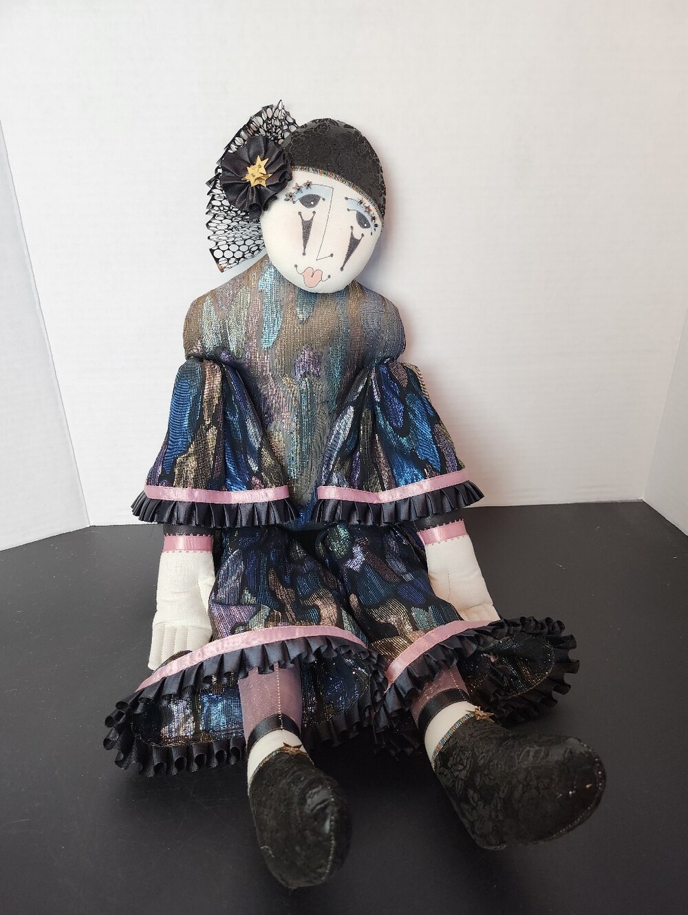 Handmade Pierrot Harlequin Clown Art Doll Metallic Costume Vintage - Picture 3 of 11